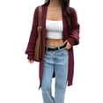 thumbnail image 3 of Long Sleeve Cable Knit Long Cardigan for Women Fall Winter Chunky Open Sweaters Wine Red XL, 3 of 8