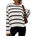 thumbnail image 5 of Ediodpoh Women Fashion Casual Long Sleeve Knit Sweater Lightweight Stripe Pullover Sweater Top Womens Sweaters White M, 5 of 9