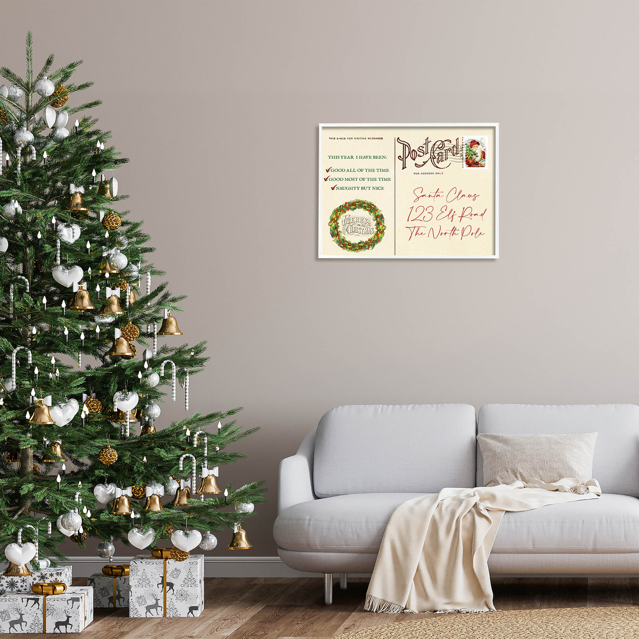Stupell Industries Merry Christmas Vintage Postcard Graphic Art White Framed Art Print Wall Art, Design by Lil' Rue