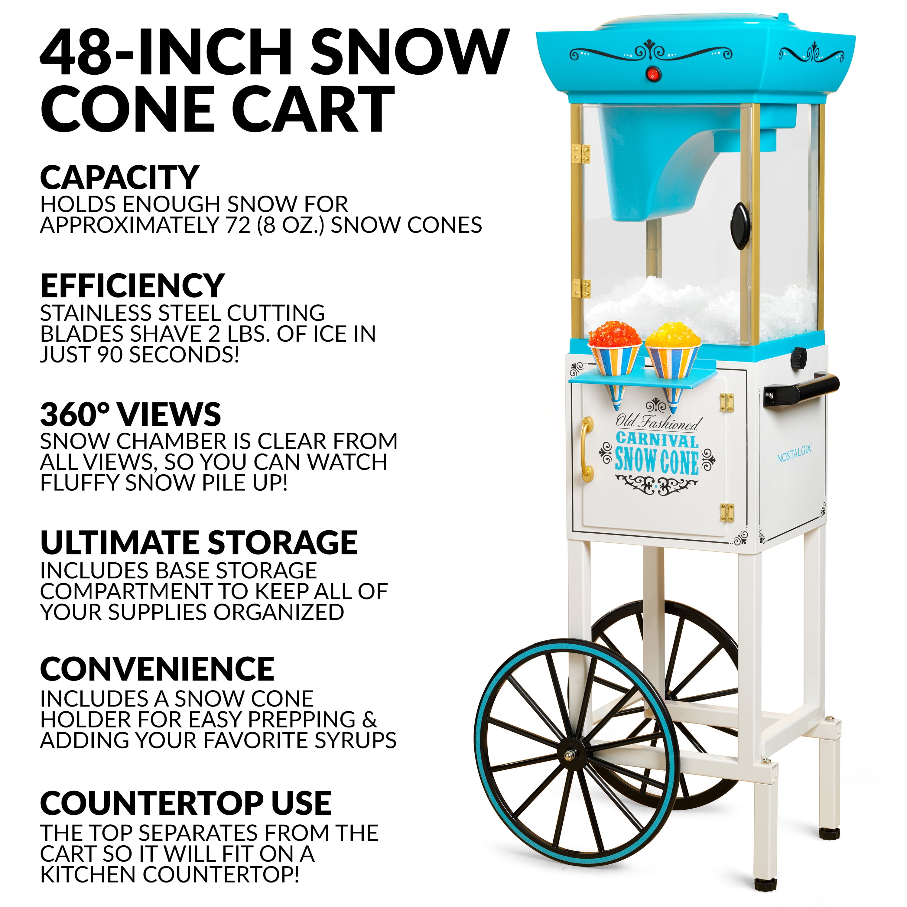 Nostalgia Snow Cone Maker, 48-Inch Shaved Ice Machine and Snow Cone Maker Cart, Blue