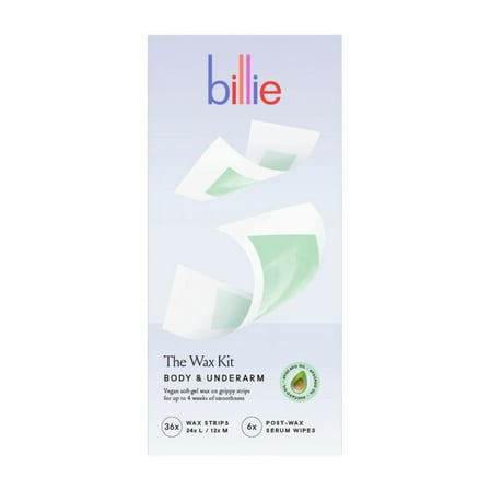 Billie Waxing Kit, Body & Underarm Hair Removal Wax Strips, 36 Wax Strips, 6 Post-Wax Serum Wipes