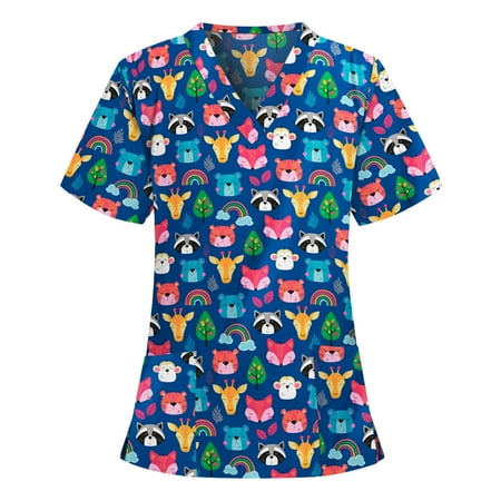 

Alrise Blue Summer Plus Size Scrubs Top for Women Fashion Print Short Sleeve T-Shirt V-Neck Pockets Workwear Blouse X-Large