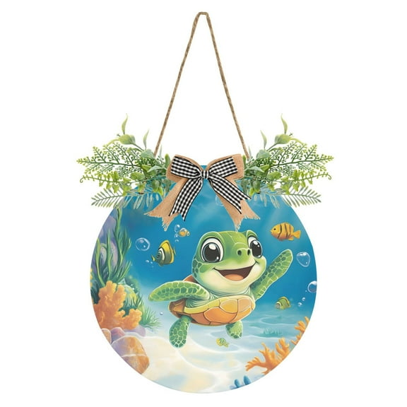 Cartoon Cute Little Green Turtle Front Door Porch Decoration Hanging Sign with Artificial Green Plants and Bow for Home Outdoor Indoor