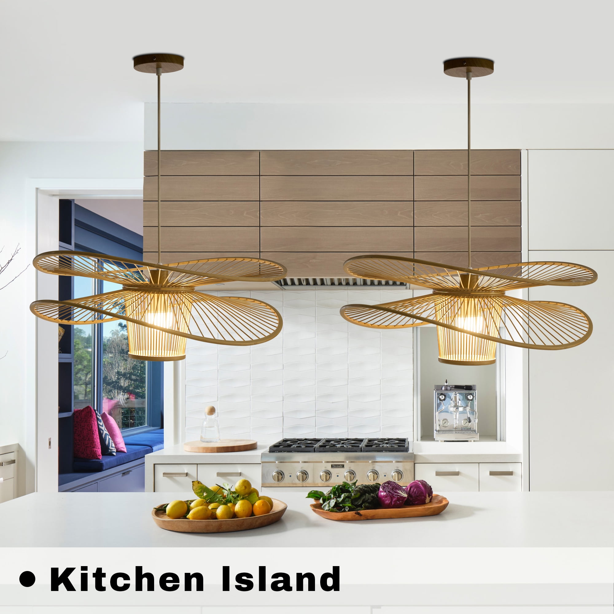 Booniture Boho Bamboo Pendant Light Fixture, Modern Natural Handmade 1-Light Black Hanging Lamp, Farmhouse Lighting for Bedroom Living Room Dining Room