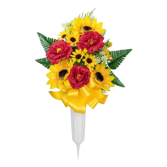 20.5-inch Artificial Silk Yellow & Red Sunflower Mixed Cemetery Medium Vase, for Indoor/Outdoor Use, by Mainstays