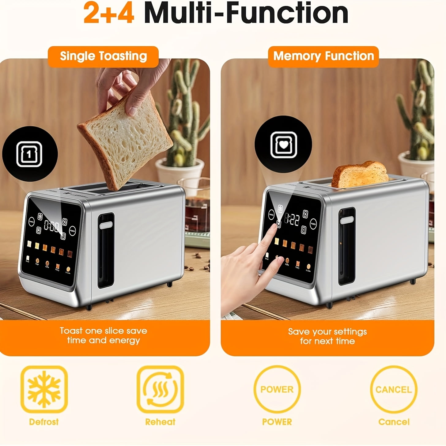 2-Slice Touch Screen Stainless Steel Toaster | Smart Digital with Memory Function, 5 Bread Types & 6 Shade Settings, 1.5" Wide Slot, 900W Power