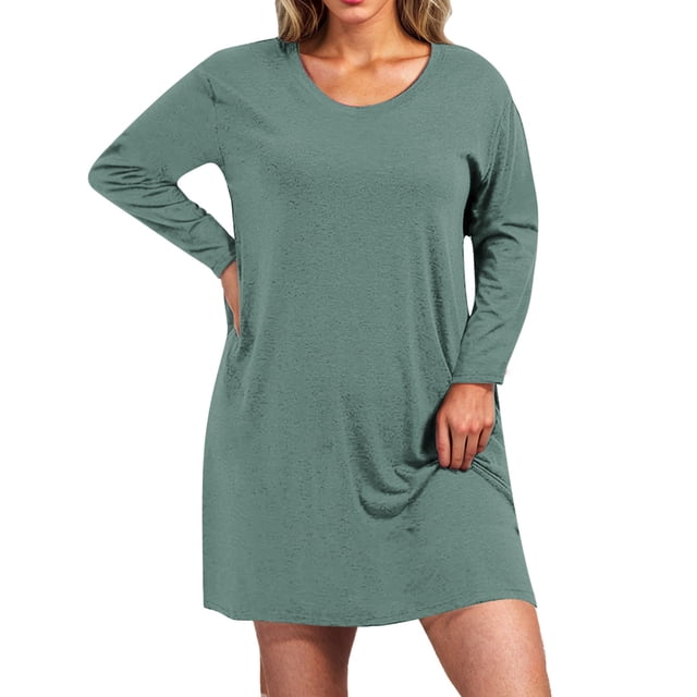 Robe Grande Taille, Robe Maxi à Manches Longues à Coupe Ample et Col Rond pour Femmes, Robe Décontractée et Confortable pour l'Automne et l'Hiver