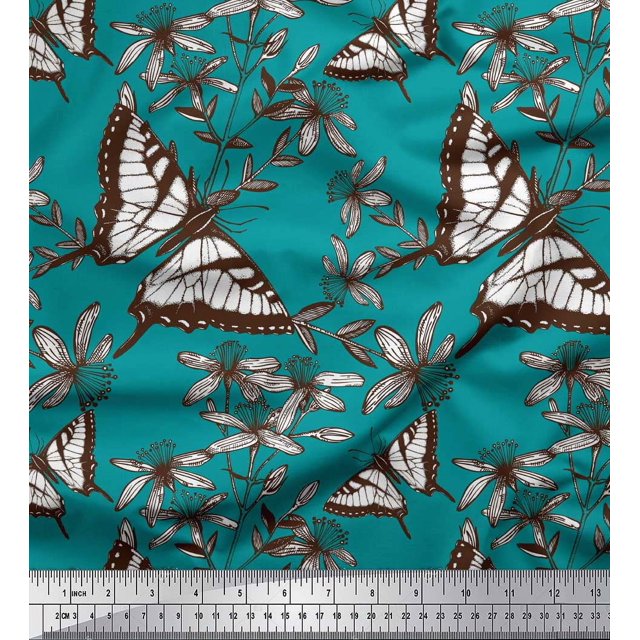 Soimoi Green Georgette Viscose Fabric Flower & Butterfly Decor Fabric Printed BTY 42 Inch Wide