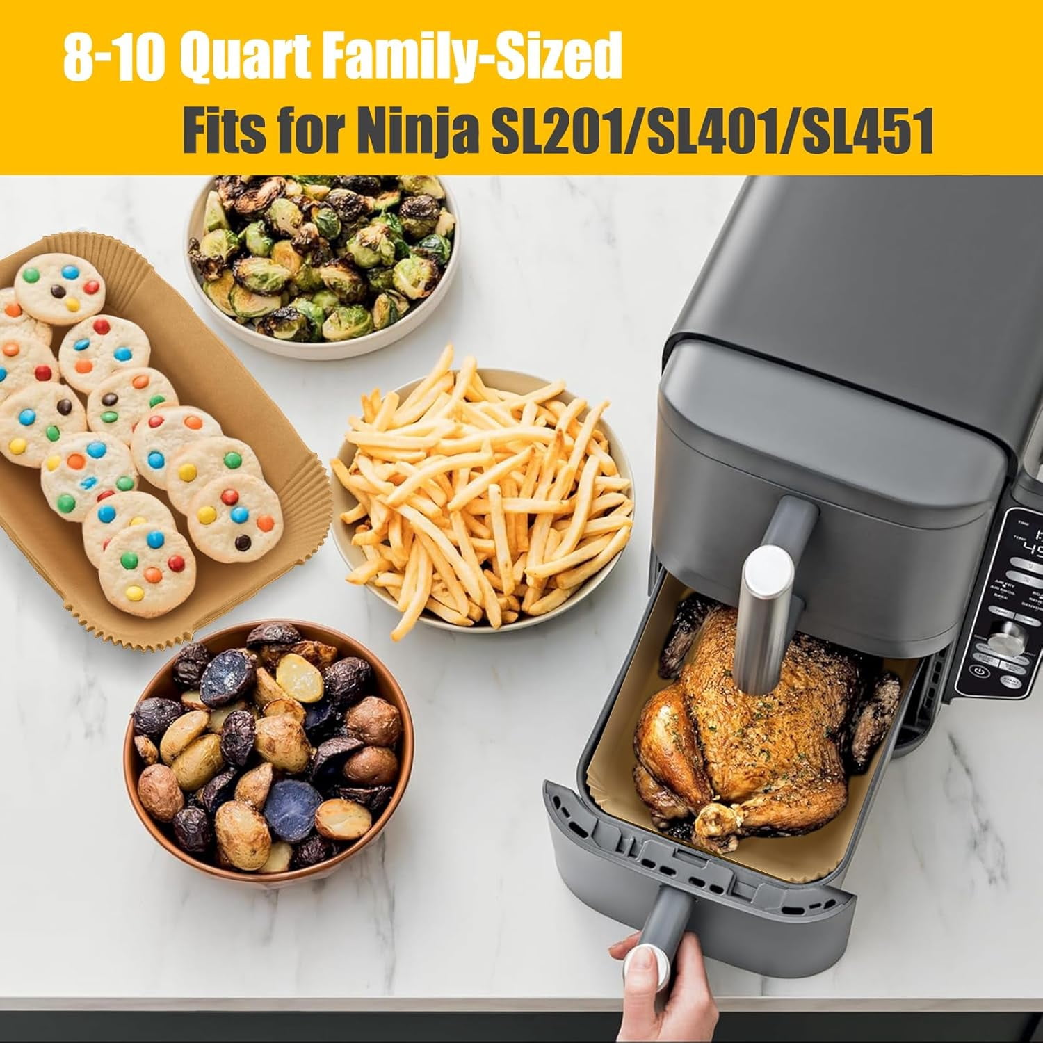 130PCs Air Fryer Liners Disposable for Ninja SL401/SL451, Rectangle Baking Parchment Paper Ninja DoubleStack XL Air Fryer Inserts Accessories, Food-Grade Paper Liners for Ninja DZ201/DZ401/DZ550