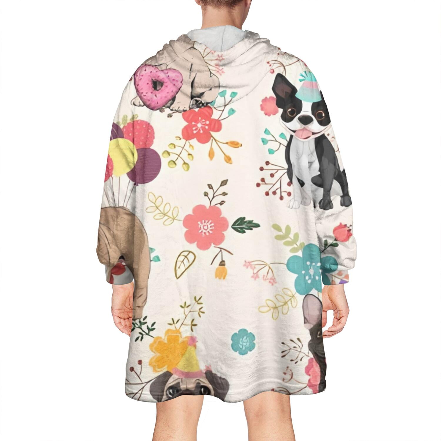 Wearable Oversized Blanket,Dogs with Party Hats and Flowers Wearable Blanket Hoodie for Adults,Cozy Hooded Blankets with Super Pockets,Super Warm Fuzzy Pullover for Women & Men
