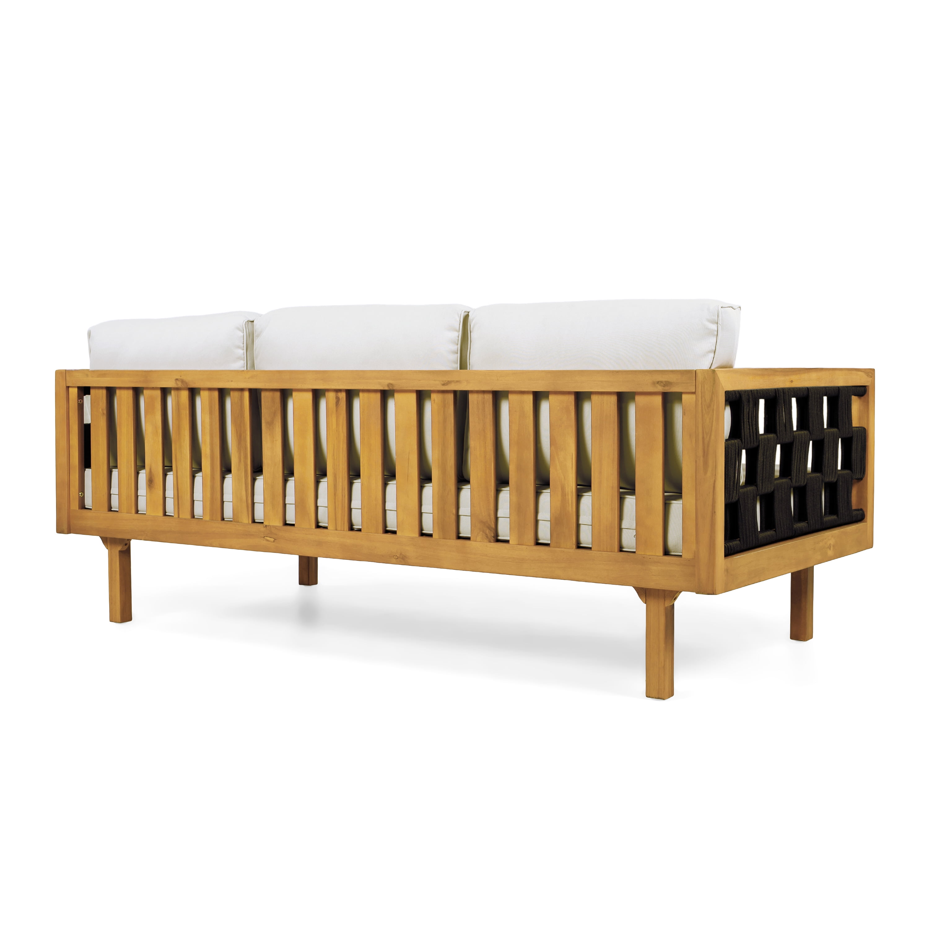 Three-Seater Daybed, Outdoor Acacia Wood Teak Finish Daybed with Light Grey Cushions for Patio Garden, Teak