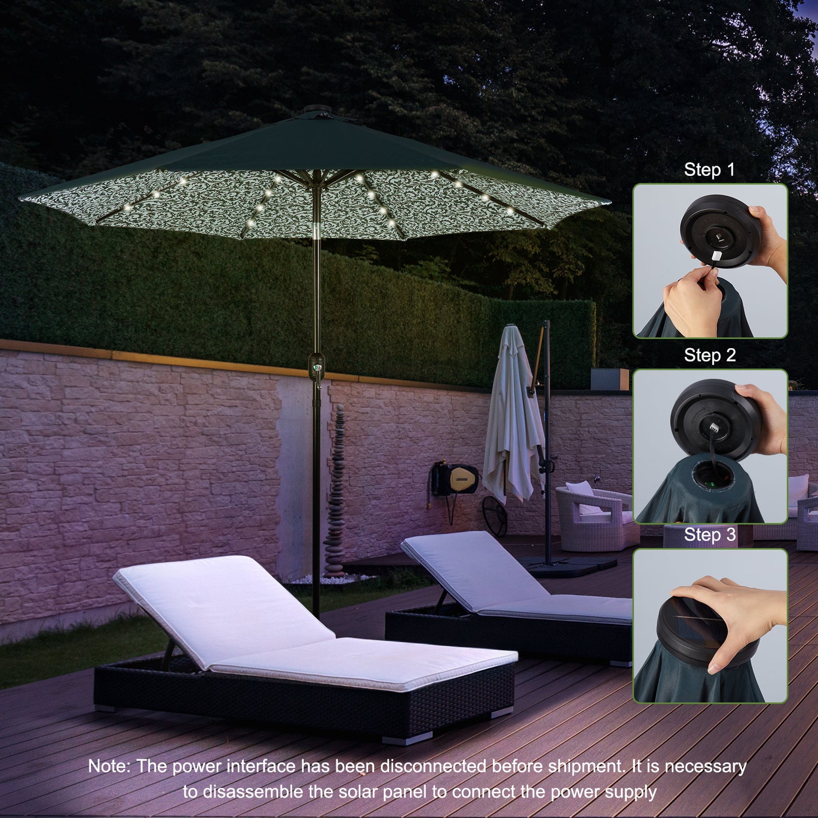 Backyard Expressions 9ft Solar Patio Umbrella with 32 LED Lights – Outdoor Market Umbrella with Tilt & Crank, Solar-Powered Lighting, Water-Resistant Fabric for Patio, Deck, Garden, Pool