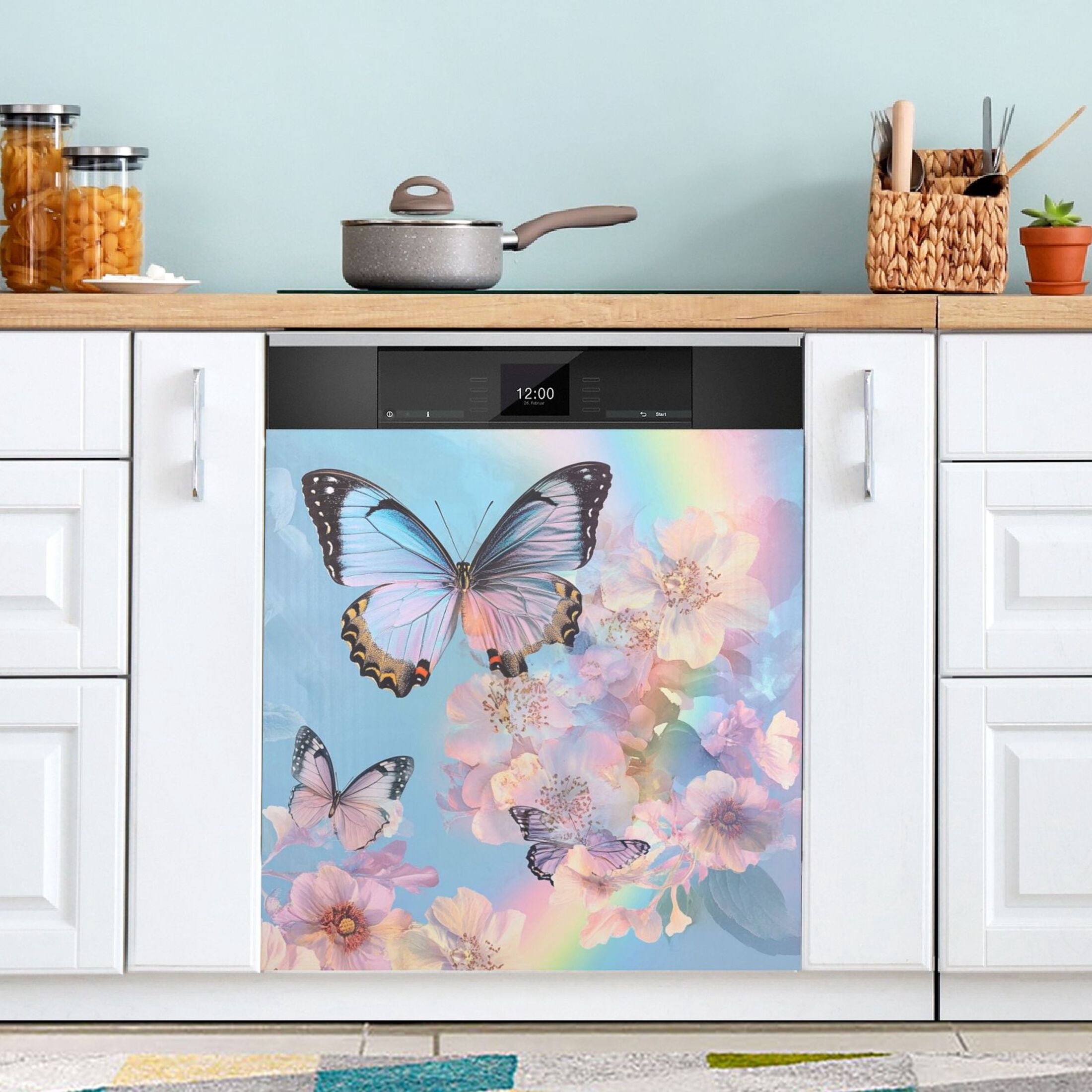 Dishwasher Magnetic Sticker 23x26 Inch Refrigerator Magnetic Sticker Washing Machine Magnetic Sticker Kitchen Panel Magnetic Sticker Home Decor Light Blue Flower Butterfly