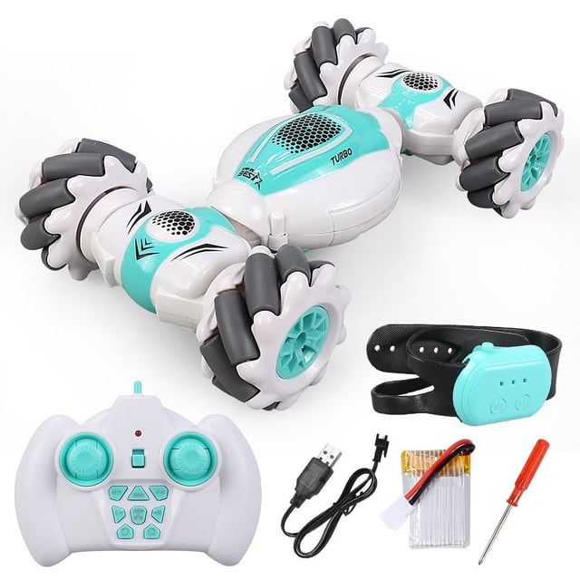 zhaocheng coche de control remoto para niños, 20 km/h, coche de control remoto manual, rotación de 360°, coche acrobático rc 1:20, coche de control remoto todo terreno, coche de juguete controlado por — coche acrobático RC 1:20 multicolor en vista 3/4 con carrocería blanca y paneles turquesa, diseño articulado de dos segmentos y cuatro ruedas mecanum con bandas grises para rotación y desplazamiento lateral; incluye mando blanco con palancas turquesa, correa de muñeca negra con receptor turquesa, cable USB de carga, destornillador y batería recargable. Adecuado para acrobacias 360° y modo todoterreno; regalo recomendado desde 3 años.