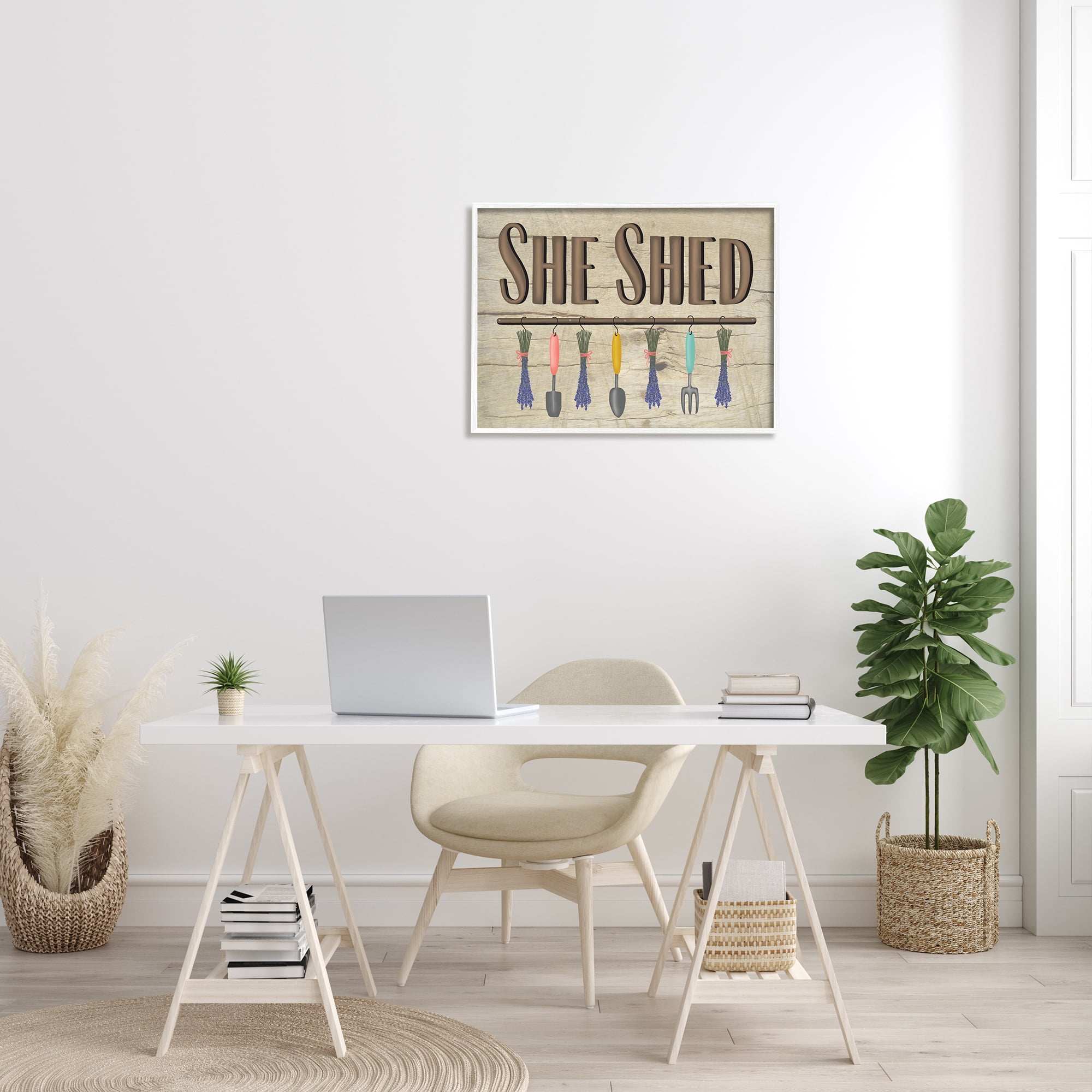 Stupell Industries Rustic She Shed Phrase Lavender Bunches Garden Tools Country Painting White framed Art Print Wall Art, 24 x 30, Design by Darlene Seale