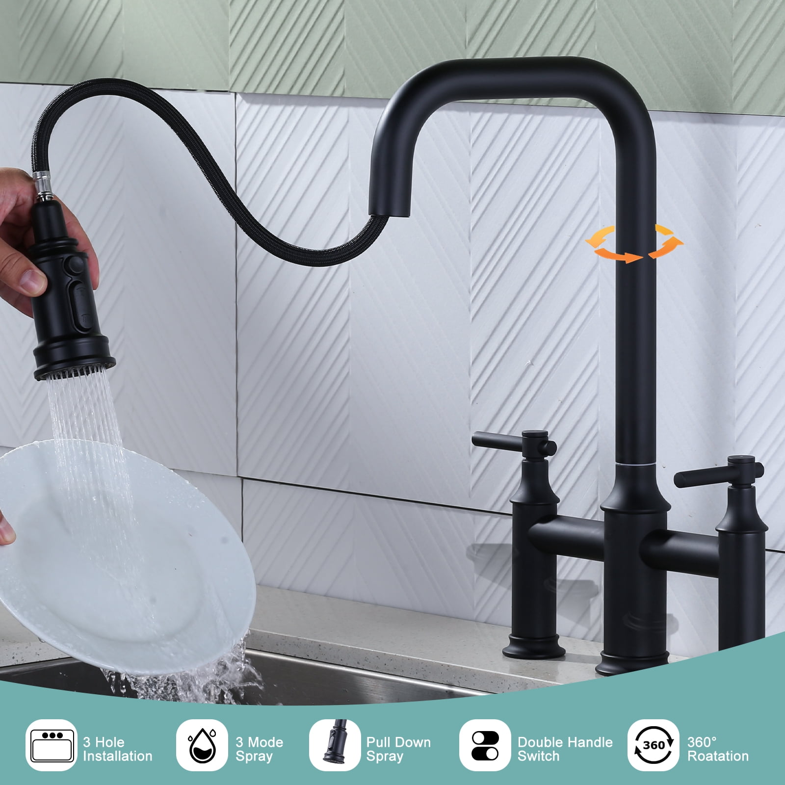 Double Handle Bridge Kitchen Faucet with Advanced Spray in Black