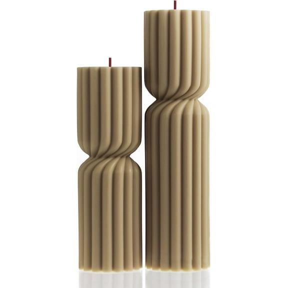 LAWA Spiral Spire Candle - Large Beautiful Handmade Pillar Scented Soy Wax Elegant Bubble Aesthetic Candle Housewarming Gift Home Room Shelf Decor Idea White (Set of 2, Olive Beige)