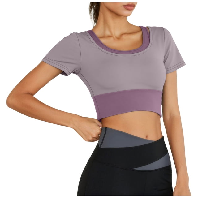 DAFEI Workout Tank Tops for Women Side Ruched Short Sleeve High Neck Crop Top Summer Athletic Gym Shirts