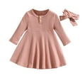 thumbnail image 2 of 2025 Long Sleeve Dresses for Girls with Hairband Size 1-8 Toddlers Kids Cute Button Crew Neck Solid Color A-Line Dress Fall, 2 of 6