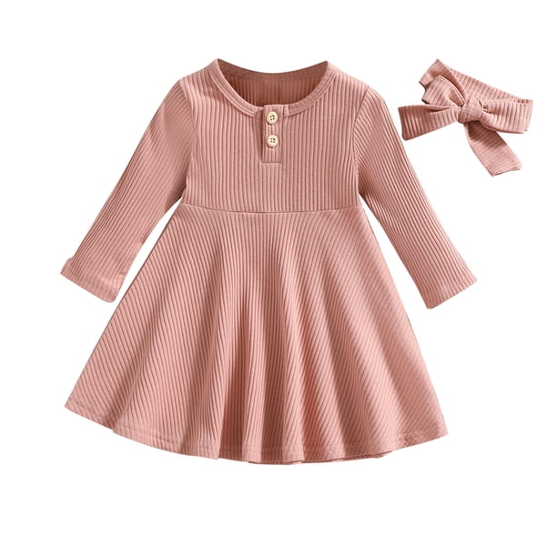 Odeerbi Niñas Punto Canalé A-Línea Vestido Primavera Algodón Cuello Redondo Botón Color Sólido Manga Larga Vestido