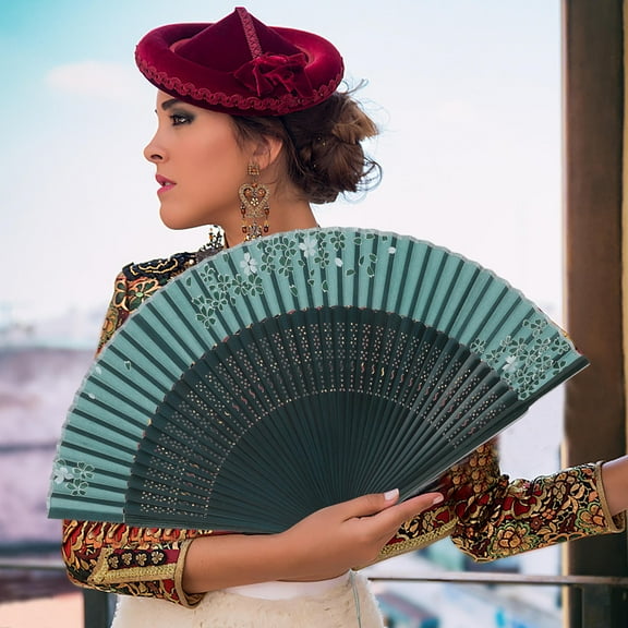 LIOOBO Japanese Party Decorations Bamboo Folding Fan White with Pattern 1Pcs