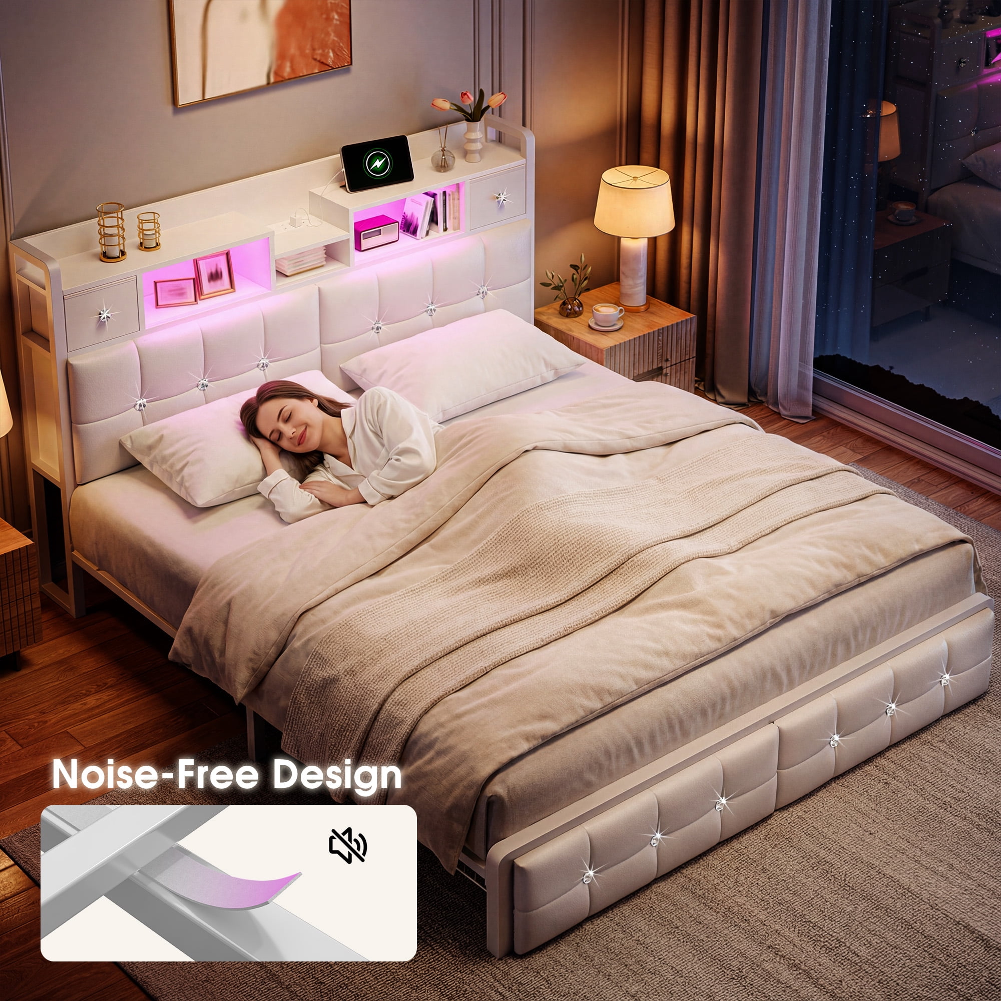 EnHomee Full Size Bed Frame with Headboard Bed Frame with Hidden Storage Compartment Upholstered Bed Frame with 2 Drawers & Outlets,White