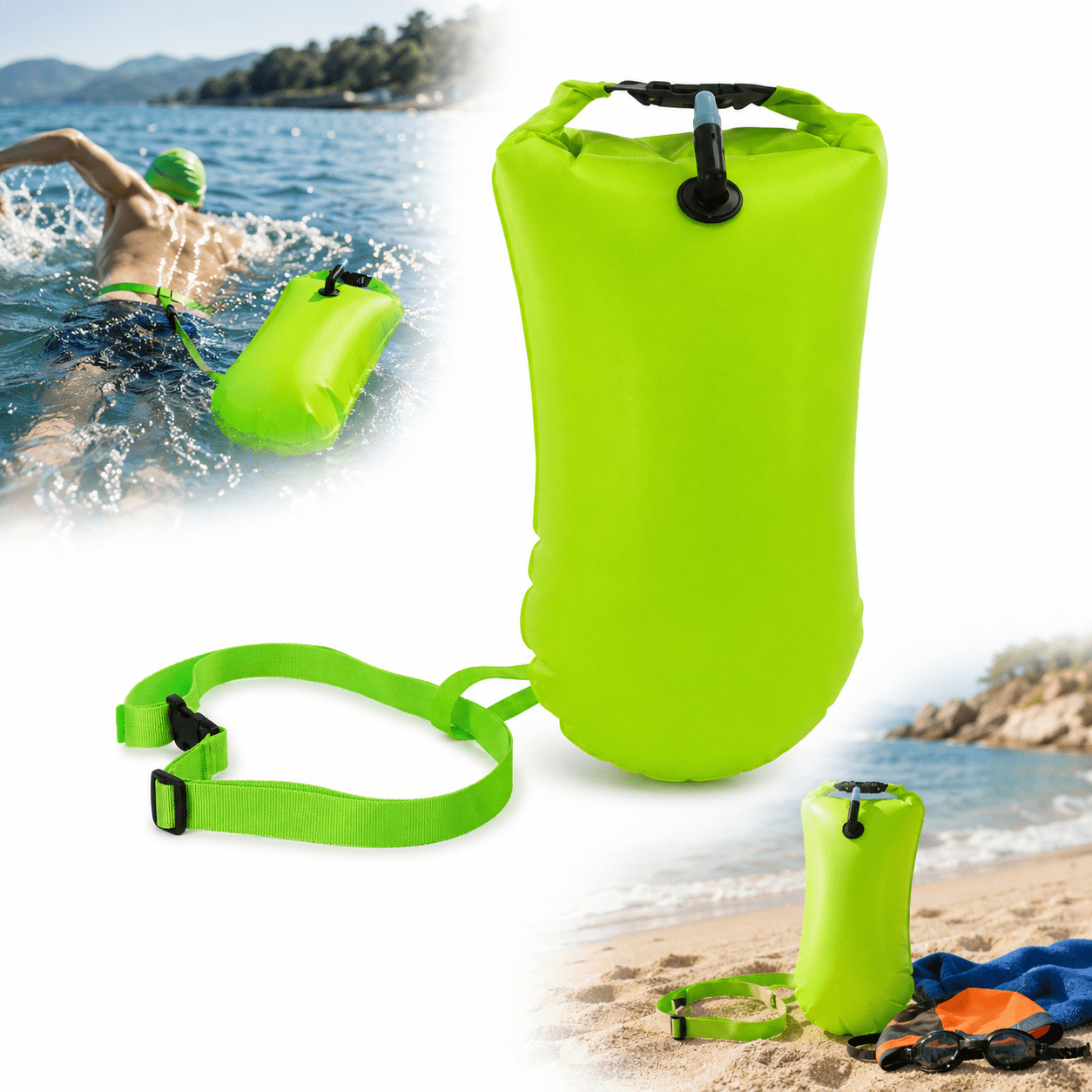 Inflatable Swim Buoy Dry Bag with Adjustable Waist Belt, PVC Tow Float for Open Water Swimming, Waterproof Storage Bag, High Visibility Green