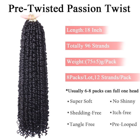 WEIF-8 Packs Pre-Looped Goddess Passion Twist Braiding Hair With Curly Ends Natural Black 18 Inch Long Bohemian Pre-Twisted Passion Twist Crochet Hair Synthetic Spring Twist Hair Extensions 1B#