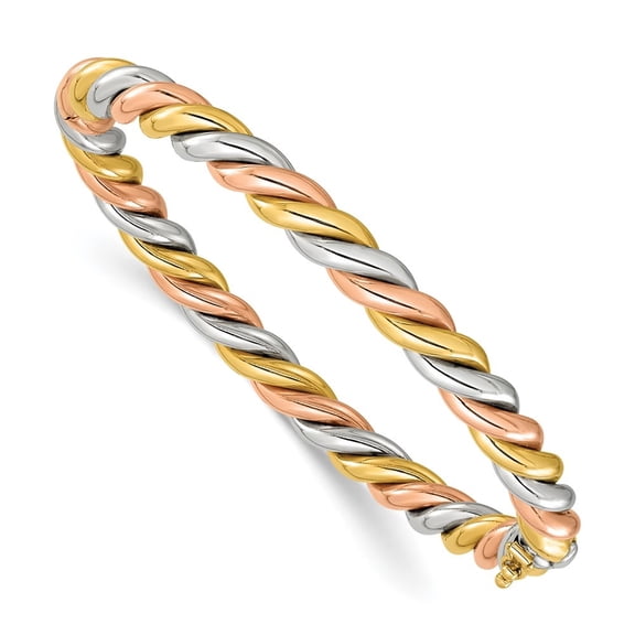 Diamond2Deal 14K Tri-Color Gold Polished and Twisted 6.3mm Hinged Bangle Bracelet for Women
