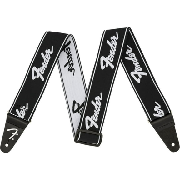 Fender WeighLess™ 2'' Running Logo Strap, Black/White