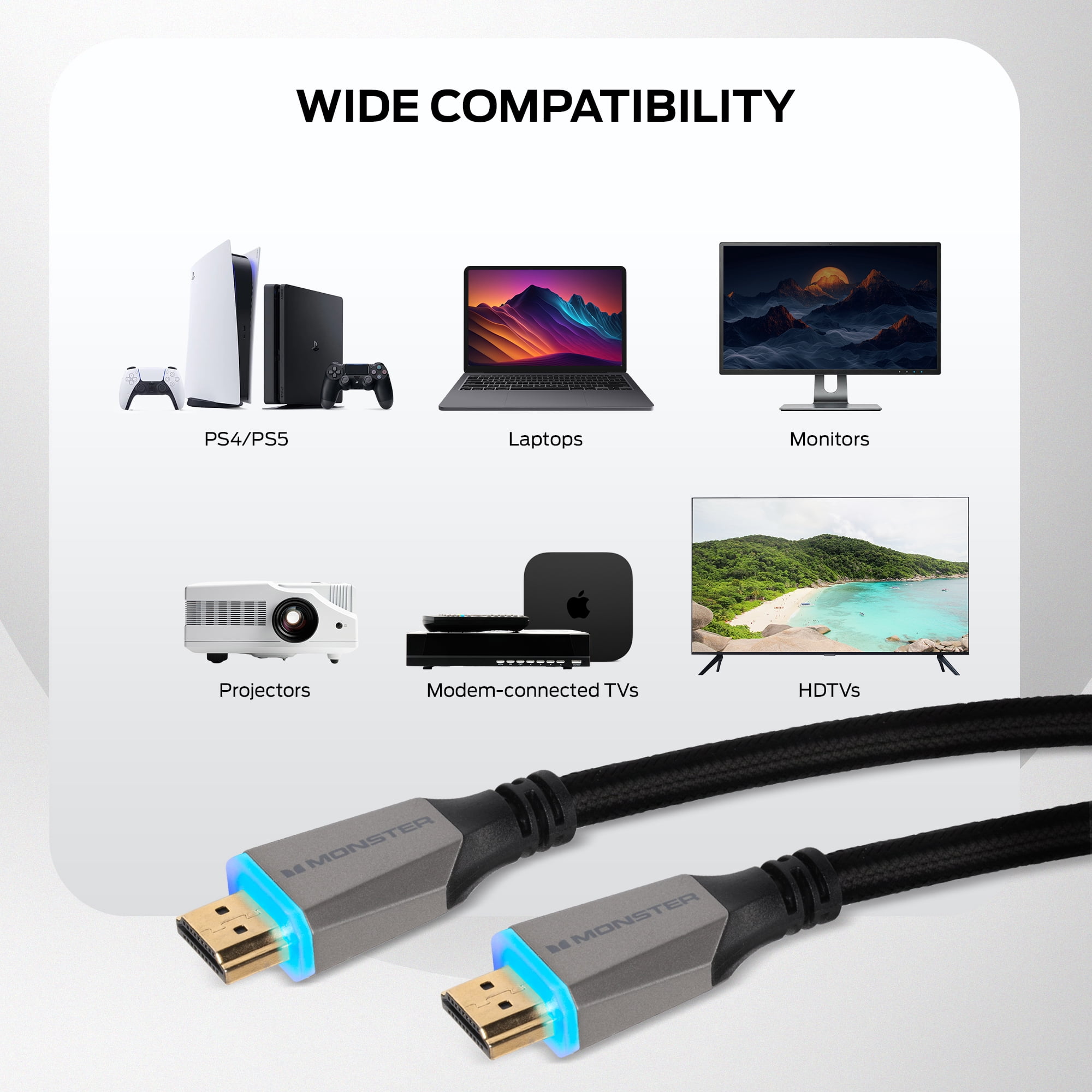 Monster 8K HDMI Cable 2 Pack 10 ft, Ultra High Speed HDMI 2.1 Cords with LED Illuminated Connectors, 48Gbps, 8K 60Hz & 4K 144Hz Gaming, HDR, Compatible with PS5, Xbox Series X, TVs, Monitors