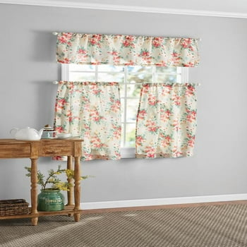 Mainstays Floral Light Filtering Rod Pocket Kitchen Window Curtain Set, 3-Piece Set, Multicolor, 56 x 36