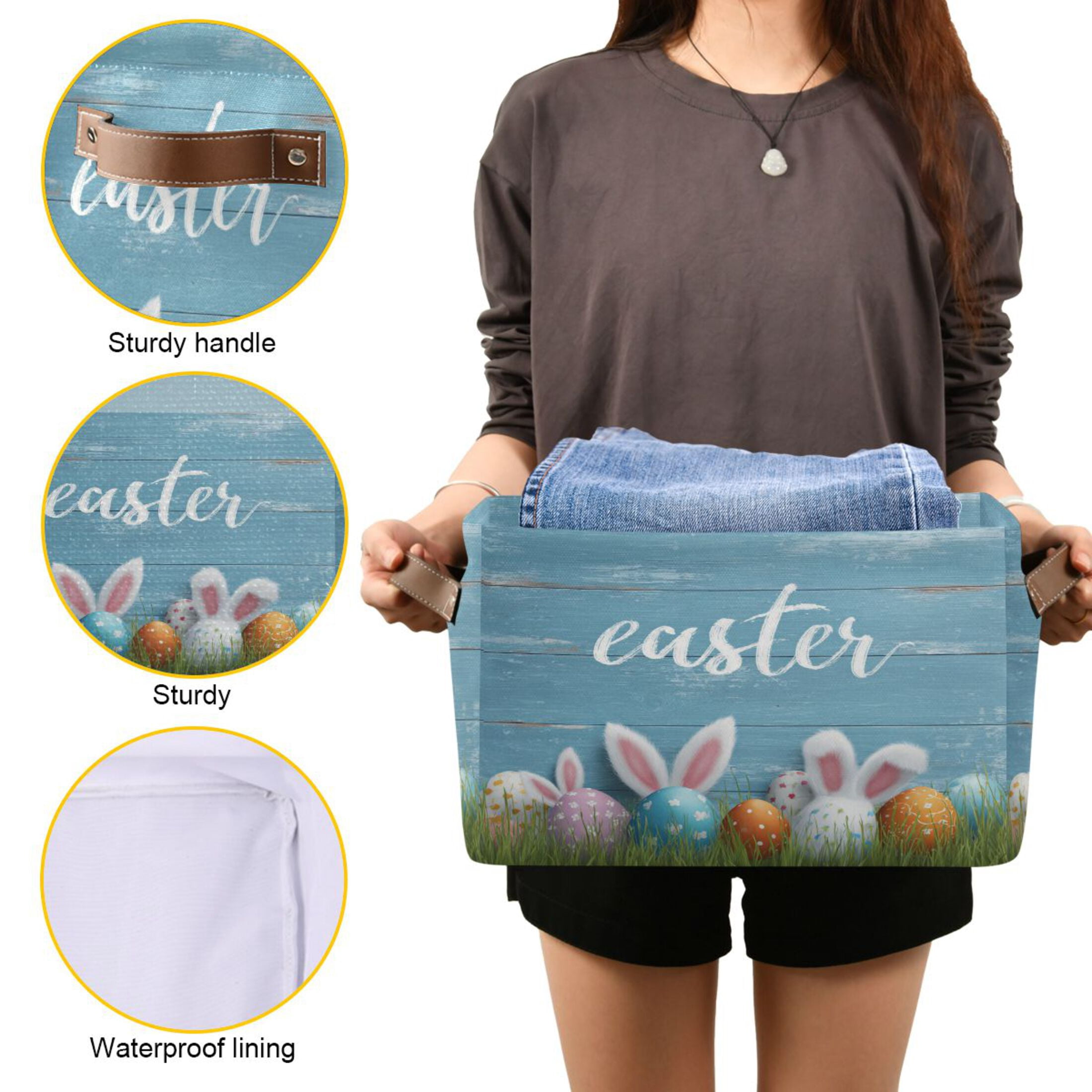 Wobogo Bunny Ear Easter Egg Square Storage Basket Set of 2 with Waterproof Canvas and PE Lining Durable PU Leather Handles 14.2×10.2×8.3in