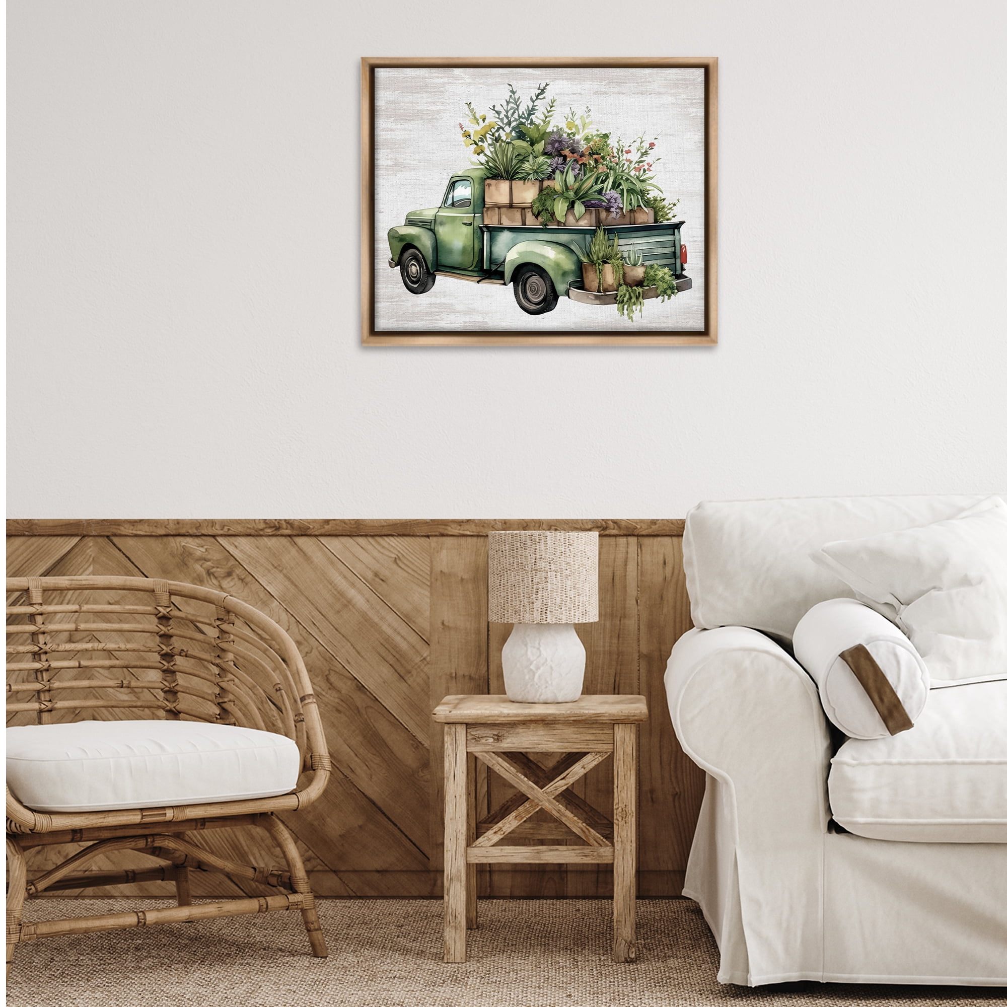Stupell Industries Greenery Filled Truck Transportation Painting Brown Floater Framed Canvas Art Print Wall Art, 31 x 25