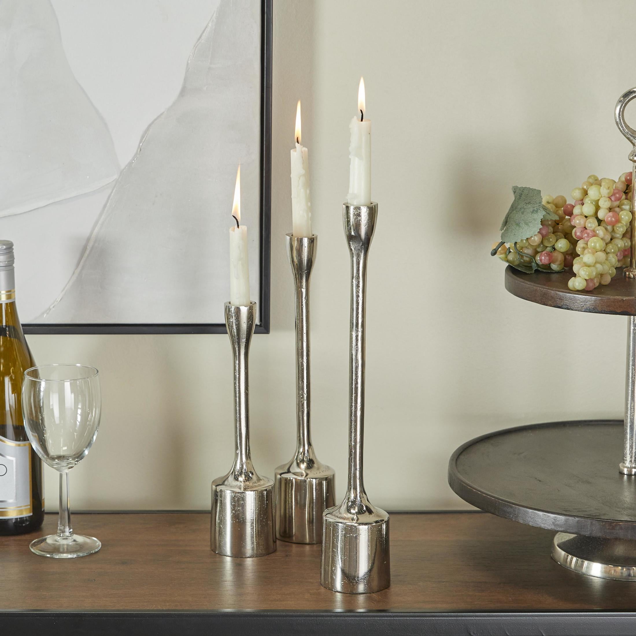 CosmoLiving by Cosmopolitan 3 Candle Silver Aluminum Metal Slim Candle Holder with Block Bases, Set of 3