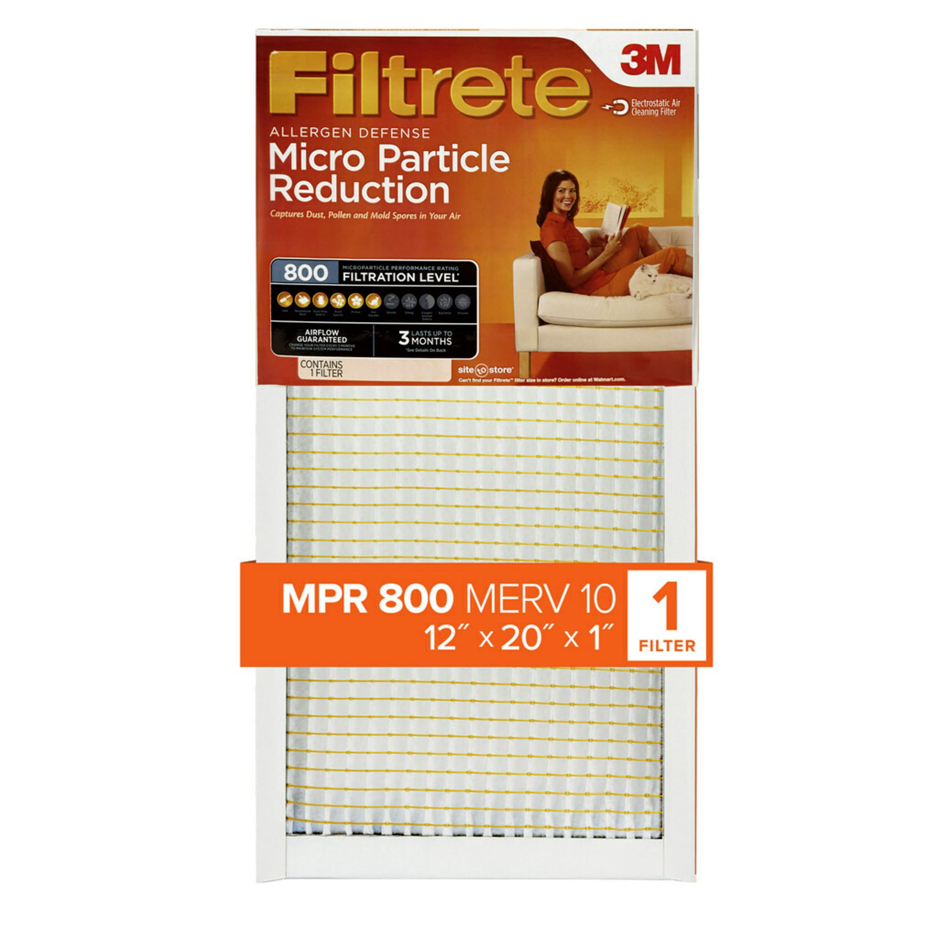 Filtrete by 3M 12x20x1, MERV 10, Micro Particle Reduction HVAC Furnace Air Filter, 800 MPR, 1 Filter
