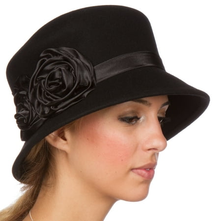 Sakkas Alice Satin Rose Vintage Style Wool Cloche Hat - Black - One Size