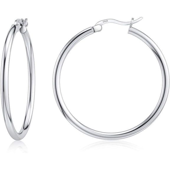 Sterling Silver Hoop Earrings 18K White Gold Plated Silver Circle Endless Earrings Hoops Jewelry Lightweight Hoop Earring For Women Diameter 14,16,18,20,25,30,40,50,60Mm[Z6946]