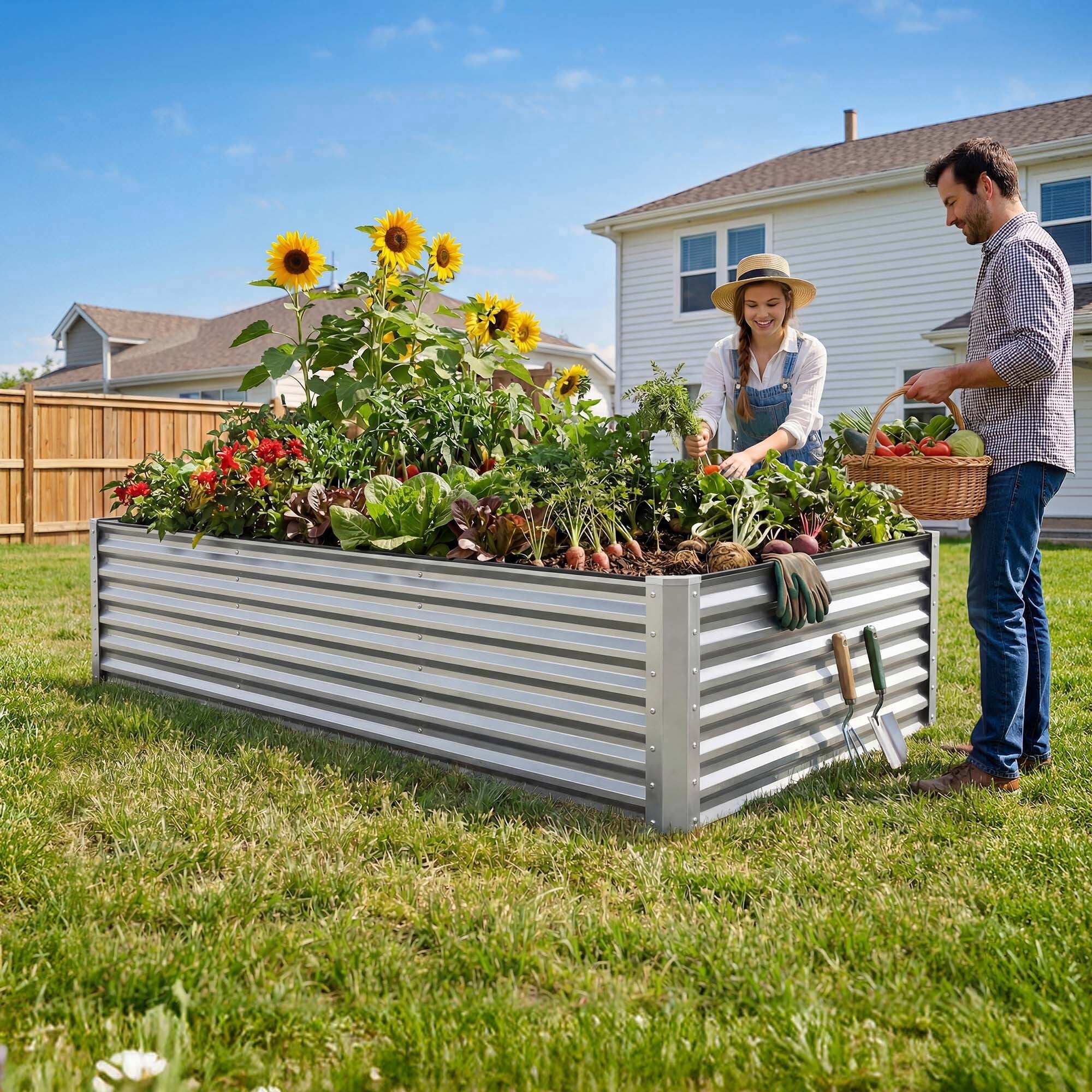 Dextrus 8x4x3ft Galvanized Metal Raised Garden Bed with Gloves, Support Rod & Rubber Edge for Outdoor Plants Veggies, Silver