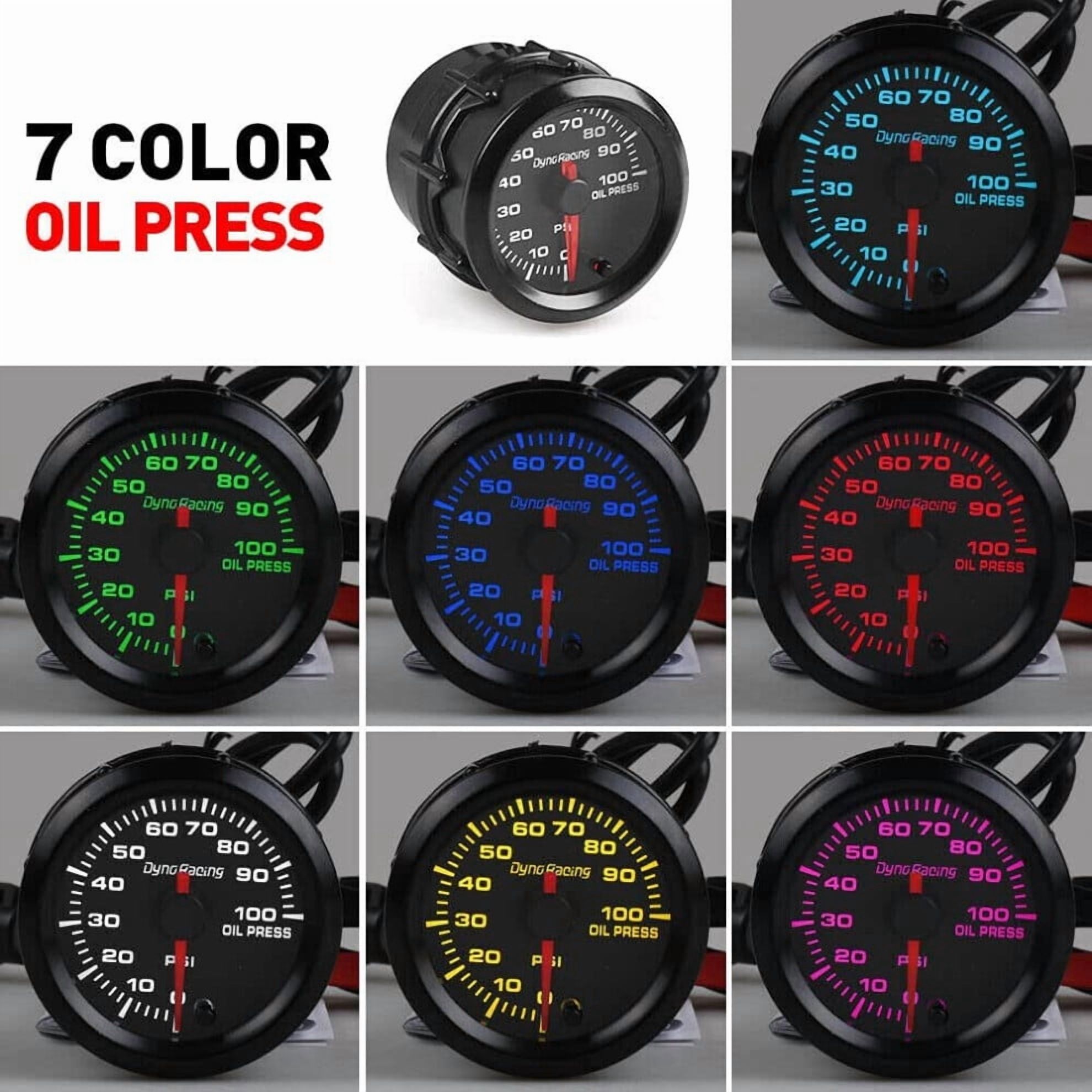 2" 52mm Universal Car 7 Colors LED PSI Oil Pressure Gauge Meter Sensor for 4/6/8 Cylinder Engine 12V Gasoline Cars Vehicles