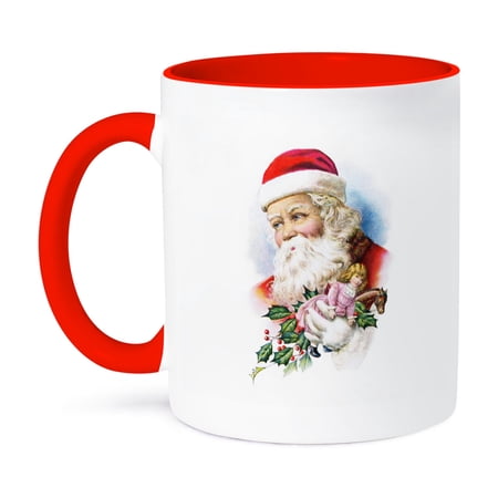 3dRose, Vintage Santa Claus with Holly and Toys, 11oz Two-Tone Red Mug