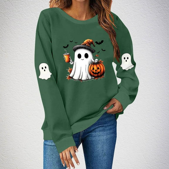 Halloween Sweatshirts for Womens Crewneck Pullover TShirts Fall Winter Long Sleeve Sweaters Casual Ghost Printed Blouses Loose Fitting Sweatshirt Top Halloween Costumes