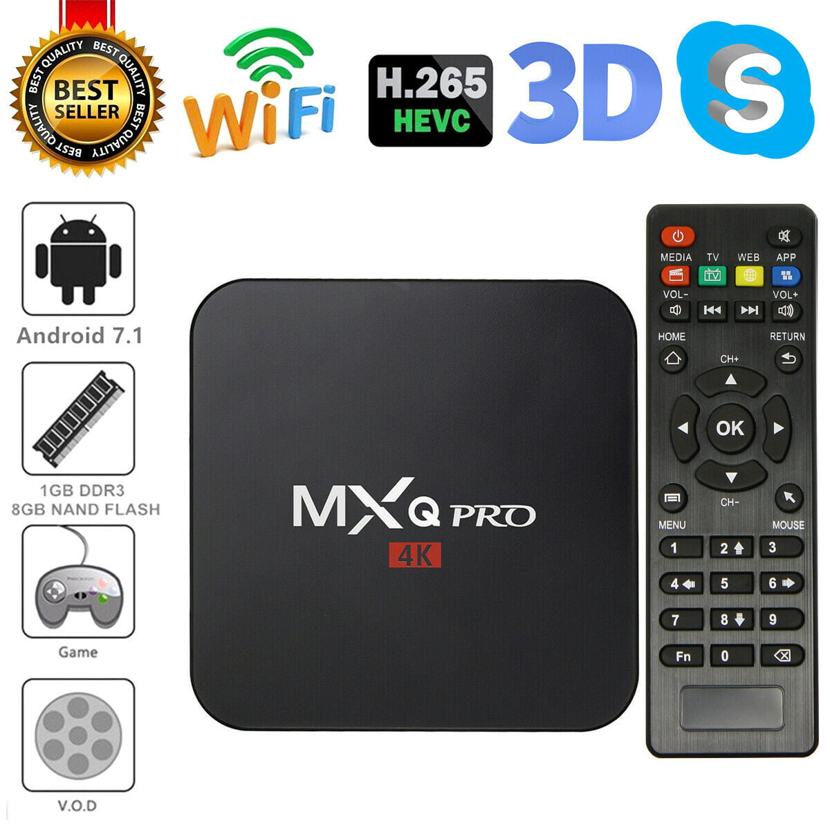 MXQ PRO Android 7.1 Quad Core Smart TV Box S905W 1GB+8GB 4K Wifi TV Media Player 
