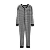 Clearance 2024! ZVNAΖH Mens One Piece Button Down Pajamas, Long Sleeve Onesies Jumpsuit Nightwear, Striped Sleepwear Loungewear