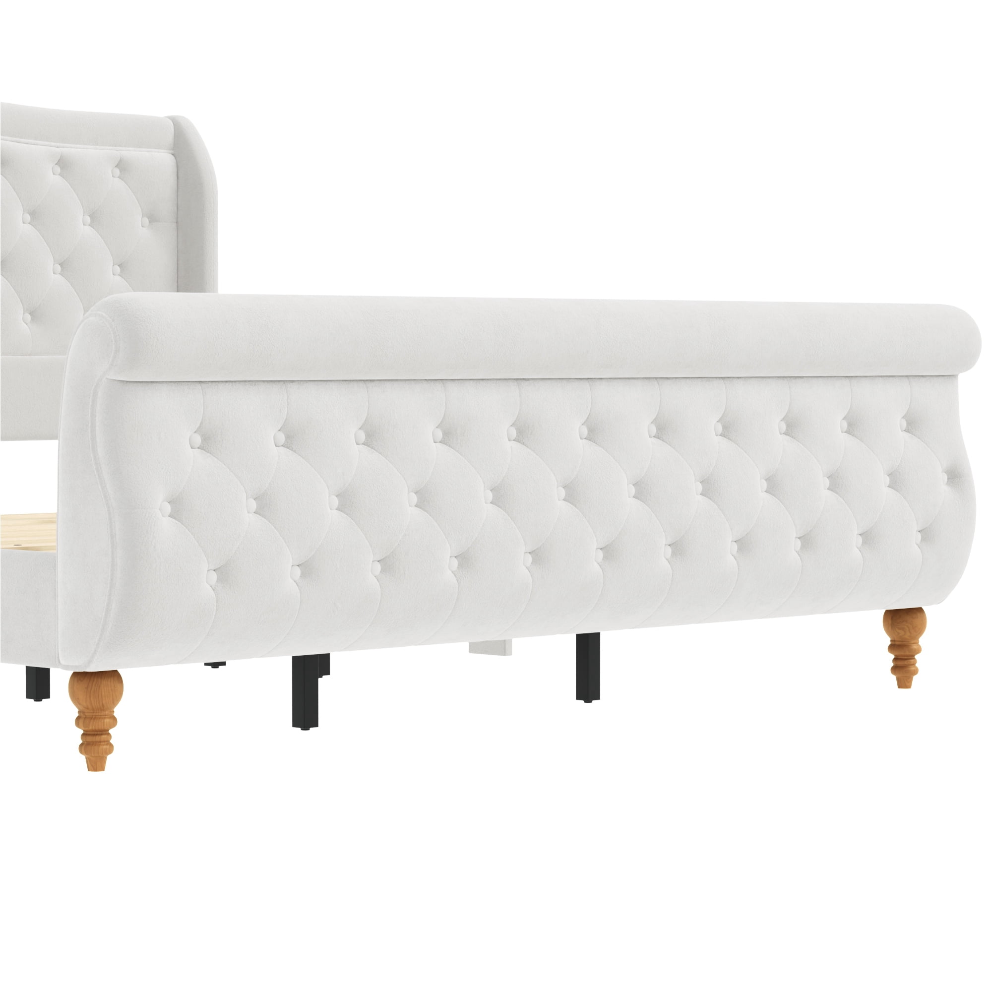 Euroco Velvet Upholstery King Size Platform Bed, Button Tufted Sleigh Bed Frame, No Box Spring Needed, Beige