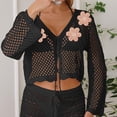 thumbnail image 5 of Tqyyweavej Bathing Suit Crochet Coverups for Women Hollow Out Print Tie Front Beach Cover Up Solid Color Long Sleeve Loose Swimsuit Cover Up, 5 of 7