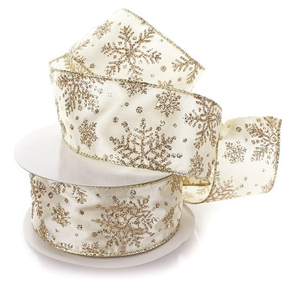 Ribbon Traditions Glitter Snowflakes Satin Wired Ribbon 2 1/2 Inch By 10 Yards - Light Gold