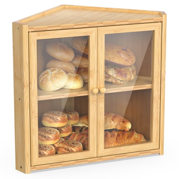Bamboohomie Corner Bread Box for Kitchen Countertop, Double Layer Bamboo Bread Storage with Dual Doors, Farmhouse Bread Bin, Natural
