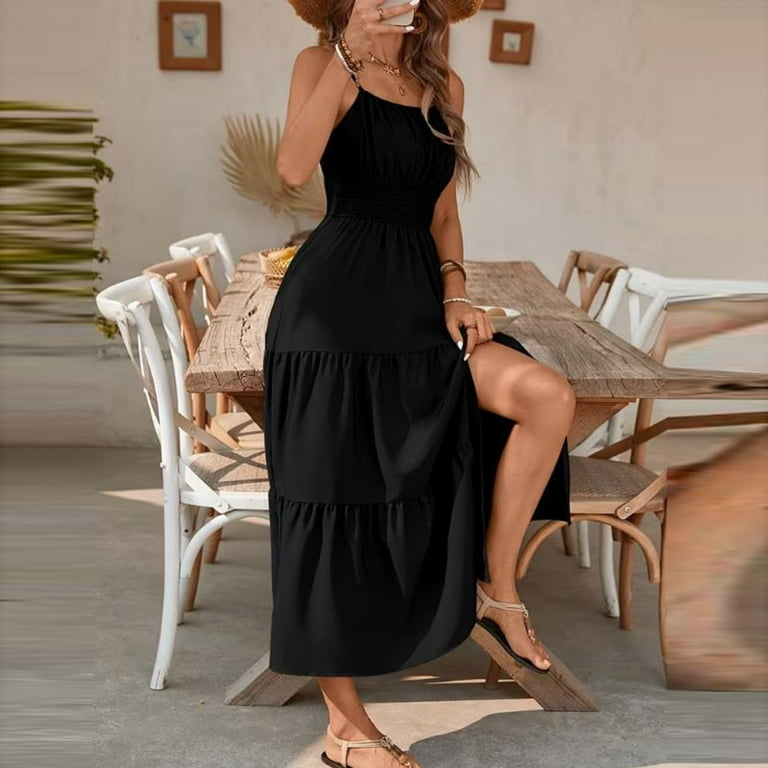 cocolona Womens Summer Spaghetti Strap Maxi Dress Smocked Waist Tiered  Ruffle Flowy Long Dress Fashion Casual Sundress