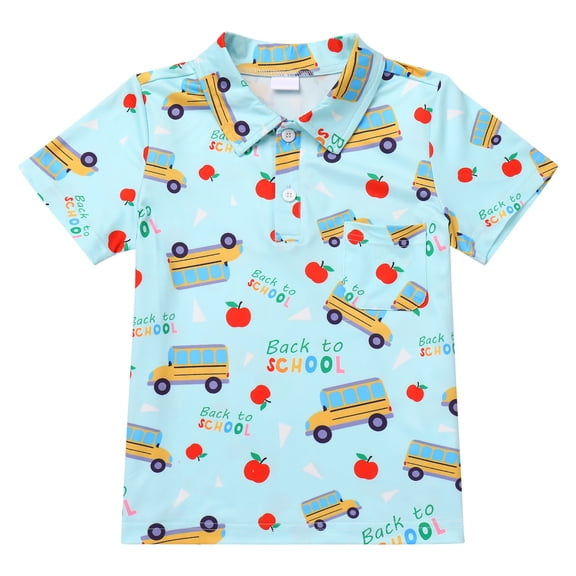 IBTOM CASTLE Back to School Shirts for Boys First Day of School T-shirt Toddler Kids Short Sleeve Print Summer Casual Tops Clothes 4-5 Years Blue - School Bus